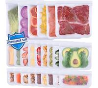 Lerine 24 Pack Dishwasher Safe Reusable Bags, Leakproof Reusable Freezer Bags, BPA Free Food Storage Bags for Lunch Meat Veggies (6 Gallon 9 Sandwich 9 Snack Bags) - White