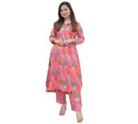 Leriya Fashion Anarkali Kurta Women's Kurta Set - Viscose Rayon Printed Kurta & Straight Pants | Traditional Indian Ethnic Festive Outfit for Functions and Puja, Pink & Green, XXL