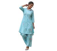 Leriya Fashion Anarkali Kurta Women's Kurta Set - Viscose Rayon Printed Kurta & Straight Pants | Traditional Indian Ethnic Festive Outfit for Functions and Puja, Blue, XXL