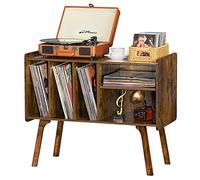 Lerliuo Record Player Stand with 4 Cabinet Holds Up to 220 Albums, Large Turntable Stand with Beech Wood Legs, Mid-Century Record Player Table,Brown Vinyl Holder Storage Shelf for Bedroom Living Room