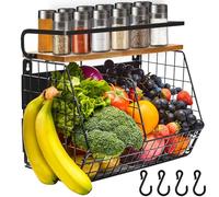 Lermende Magnetic Kitchen Storage Organiser: Magnetic Shelf, 2-in-1 Fruit and Vegetable Basket with Spice Rack, No-Drill Kitchen Organizer with 4 Movable Hooks. (1 Pcs)