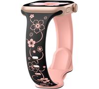 Lerobo Floral Engraved Compatible with Apple Watch Band 44mm 45mm 42mm 49mm Women, Slim Cute Two-Tone Flower Soft Silicone Sport Strap for iWatch Bands Series 11 10 9 8 7 6 5 4 3 Ultra 2,Black/Pink