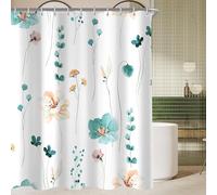 Lerores Shower Curtain, 120 x 200 cm, Teal Flower, Weighted Hem, Anti-Mould, Water-Repellent, Washable Polyester Bath Curtains with 8 Eyelets and Shower Curtain Rings for Bathroom, Bathtub