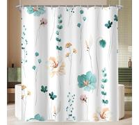 Lerores Shower Curtain, 180 x 160 cm, Teal Flower, Weighted Hem, Anti-Mould, Water-Repellent, Washable Polyester Bath Curtains with 12 Eyelets and Shower Curtain Rings for Bathroom, Bathtub