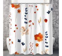 Lerores Shower Curtain, 180 x 200 cm, Orange & Navy Flower, Weighted Hem, Anti-Mould, Water-Repellent, Washable Polyester Bath Curtains with 12 Eyelets and Shower Curtain Rings for Bathroom, Bathtub
