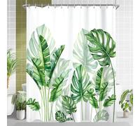 Lerores Shower Curtain, 200 x 160 cm, Green Leaves, Weighted Hem, Anti-Mould Textile, Water-Repellent, Washable Polyester Fabric Bath Curtains with Eyelets and 12 Shower Curtain Rings for Bathroom