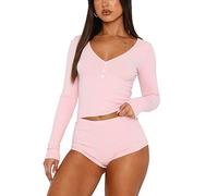 Lerrita Women Y2K Outfit 2 Piece Bodycon Shorts Set Long Sleeve Crop Shirt Top+Short Pants Pyjamas Set Loungewear Sexy Pajamas Set Rib Knit Button Up Crop Tops+Shorts Tracksuits Sleepwear
