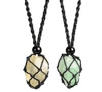 LERSUSI Natural unprocessed crystal raw stone hand woven rope adjustable necklace pendant for both men and women, 30 in -76.2 in, Stone, green fluorite