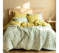 LERUUM Single Duvet Cover Set Green Yellow Reversible Floral Bedding Cotton Bedding Botanical Leaf Pattern Premium 200TC Percale Hotel Quality Pure Cotton OEKO TEX