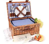 Les Jardins de la Comtesse - Marly Blue Gingham Fabric Picnic Basket Set, Complete Picnic Kit - 4 Person - Insulated Cooler Compartment - Ceramic Plates and Glass Wine Glasses - 46 x 31 x 20 cm
