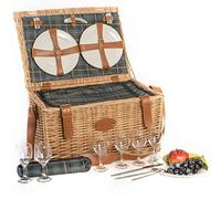 Les Jardins de la Comtesse - Picnic Basket for 6 people “Trianon Green”, complete with leather straps and washable fabric, size : 52 x 36 x 27 cm