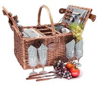 Les Jardins de la Comtesse Picnic Basket Saint-Germain Green Gingham Dark Wicker - Basket with Bottle Rack - 4 People