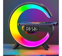 Les-Theresa 15W Wireless Charging Alarm Clock, G Shape Night Light, Atmosphere Lamp with Alarm Clock, Charging Function, Bluetooth Speaker & 7 Colour Light Modes for Adults Kids Office Bedroom