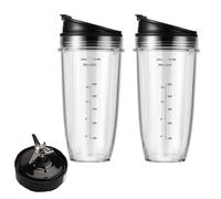 Les-Theresa 2 Pack Blender Replacement Parts, 24oz Ninja Blender Cups with 2 X 710ml Cups + 1 X 7 Fins Blade + 2 X Lids with Nutri Ninja Auto IQ Series Blenders Bl2012/Bl487a/Bl492/Bl640/Nn100a