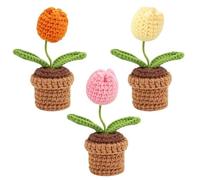 Les-Theresa 3pcs Tulip Crochet Kit - Handmade Crochet Starter Kit with Potted Flower, Completed Crochet Flower Kits for Beginners, Adults, Home, Office, Desktop, Car Ornament