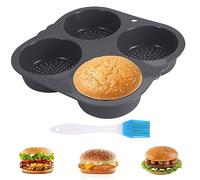 Les-Theresa 4/6 Cavities Silicone Hamburger Mould, Hamburger Bun Pan Reusable Burger Bun Baking Tray, Non-Stick Perforated Burger Bread Mold for Microwave, Oven, Fridge and Dishwasher (02)