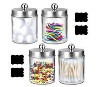 Les-Theresa 4Pcs Cotton Buds Holder, Glass Cotton Swab Dispenser, Bathroom Storage Jars With Lids, Silver