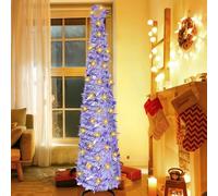 Les-Theresa 5Ft Artificial Pre Lit Pencil Christmas Trees, Slim Xmas Tree with 16.5Ft Lights Collapsible Christmas Lights Tree for Indoor Outdoor Decorations (Purple)