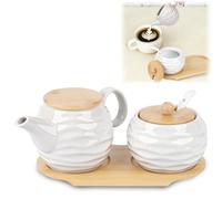 Les-Theresa Milk Jug and Sugar Bowl Set, Ceramic Sugar Container Set with Lid Sugar and Cream with Tray Sugar and Creamer Set Perfect for Breakfast, Tea, Entertaining Guests(White-02)