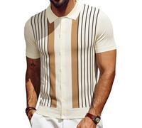 Les umes Mens Polo Shirts Vintage Stripe Button Down Knit Cardigan Short Sleeve Cotton Summer Golf Casual Shirts Apricot Brown Stripe M