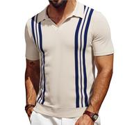 Les umes Mens Polo Shirts Vintage Stripe V-Neck Short Sleeve Knit Cotton Summer Golf Casual Shirts White Navy Stripe M