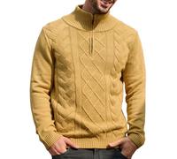 Les umes Mens Quarter Zip Jumper Cotton Mock Neck Cable Knit Pullover Casual Warm Long Sleeve Sweater Yellow L