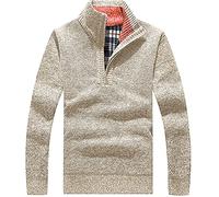 Les umes Mens Quarter Zip Jumper Plaid Fleece Lined Knit Turtleneck Sweater Warm Long Sleeve Stand Collar Pullover Khaki XL