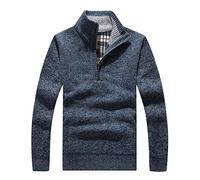 Les umes Mens Quarter Zip Jumper Plaid Fleece Lined Knit Turtleneck Sweater Warm Long Sleeve Stand Collar Pullover Blue M