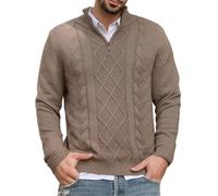 Les umes Mens Quarter Zip Sweater Cotton Mock Neck Pullover Sweaters Warm Long Sleeve Cable Knitted Jumper Light Coffee XL