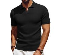 Les umes Mens Short Sleeve Polo Shirts Slim Fit V-Neck Ribbed Knit T Shirt Casual Shirt for Men UK Black Stripe 2XL