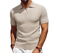 Les umes Premium V-Neck Lounge Shirt for Men - Soft Ribbed Casual Tee, Gym-to-Office Essential Khaki Stripe S