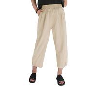 Les umes Women's Casual Elasticated Pants Cropped Cotton High Waist Trousers Wide Leg Summer Harem Trouser with Pockets Khaki L