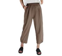 Les umes Women's Casual Elasticated Pants Cropped Cotton High Waist Trousers Wide Leg Summer Harem Trouser with Pockets Coffee XL