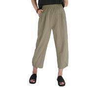Les umes Women's Casual Elasticated Pants Cropped Cotton High Waist Trousers Wide Leg Summer Harem Trouser with Pockets Green M