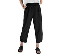 Les umes Women's Casual Elasticated Pants Cropped Cotton High Waist Trousers Wide Leg Summer Harem Trouser with Pockets Black XL