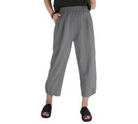 Les umes Women's Casual Elasticated Pants Cropped Cotton High Waist Trousers Wide Leg Summer Harem Trouser with Pockets Light Grey L