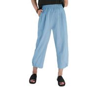Les umes Women's Casual Elasticated Pants Cropped Cotton High Waist Trousers Wide Leg Summer Harem Trouser with Pockets Blue S