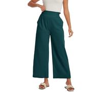 Les umes Women's High Waist Wide Leg Pants Cropped Cotton Summer Casual Trousers with Side Pockets Blackish Green L