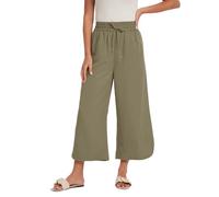 Les umes Women's Summer Cropped Wide Leg Trousers Drawstring Army Green L
