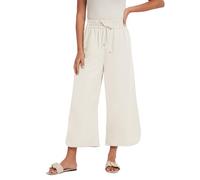 Les umes Women's Summer Cropped Wide Leg Trousers Drawstring Off White L