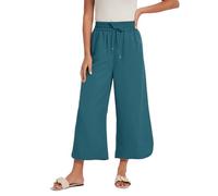 Les umes Women's Summer Cropped Wide Leg Trousers Drawstring Peacock Blue L