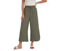Les umes Women's Wide Leg Drawstring Pants High Waist Cropped Trousers for Summer Casual Wear Dark Olive Green L