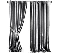 LES4U Satin Blackout Glitzy Eyelet Curtains Pair Diamante Tie Backs 2 Silk Look Panels Thermal Soft Insulated Light Reducing Ring Top Room Darkening Bedroom Curtain (Silver, W66 x L72 Inch)
