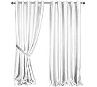 LES4U White Satin Curtains Eyelet Glitzy Diamante Tie Backs Pair 2 Silk Look Panels Thermal Soft Insulated Blockout Light Reducing Ring Top Room Darkening Bedroom Curtain (W66 x L72 Inch)