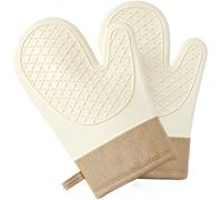 Lesbyit Oven Mitts, Silicone Heat Resistant Waterproof Non-Slip Oven Gloves | Kitchen 1 Pair Cotton Lining Oven Gloves Up to 260℃ for Cooking, Barbecue, Grilling, Microwave, Baking(Beige)