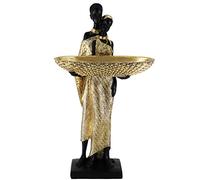 Lescafita Handmade African Couple Sculpture - Gold Tribal Standing Figure with 7.8" Basket, Resin Home Decor for Shelves/Tables, Cultural Gift for Small Items (14.5" H)