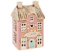 Lescale Furnishings Ceramic Pink Village Cafe Candle Holder - Charming Tea Light & Battery Candle House Décor (15.5×9.5×8 cm) - Decorative Ornament for Shelves, Windowsills & Gift Sets