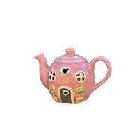 Lescale Furnishings Ceramic Teapot House Tealight Candle Holder - Decorative Cottage-Style Home Decor with Heart & Bay Tree Design - LED & Tealight Compatible (Pink)