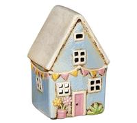 Lescale Furnishings Garden Flags Village Tea Light House - Pale Blue Ceramic Candle Holder - Floral & Bunting Design - Indoor & Outdoor Tealight Lantern Decor