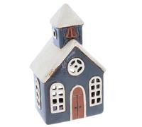 Lescale Furnishings Hand-Painted Ceramic Church Tealight Holder - Blue-Grey Candle House with Bell Tower - Decorative Ornament for Home or Seasonal Display - 21cm Tall